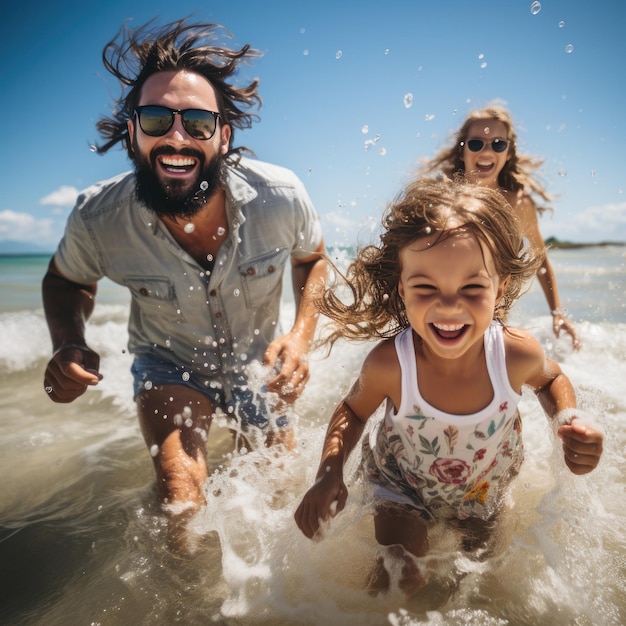 Photo famille ludique éclaboussant et nageant dans l'eau bleu clair