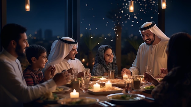 une famille mangeant le dîner devant une fenêtre