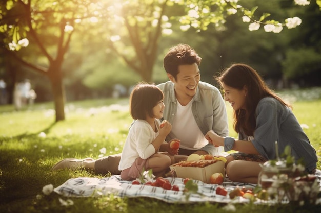 Une famille mangeant de la nourriture dans un parc