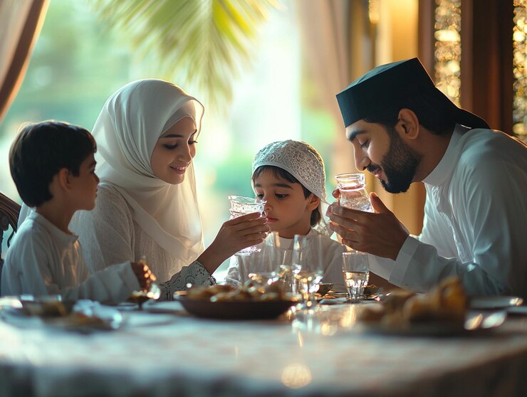 Photo une famille mangeant à une table avec un homme et deux enfants