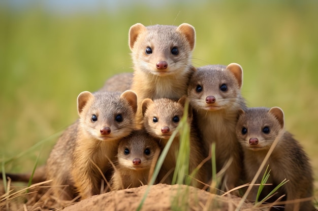 Famille de mangouste dans l'herbe