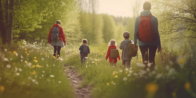 Une famille marchant sur un chemin avec un sac à dos dessus.