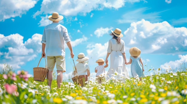 famille marchant dans un champ de fleurs avec un fond de ciel