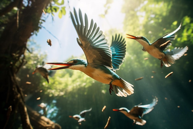 Famille de martin-pêcheur sénégalais Halcyon senegalensis avec leurs enfants en vol