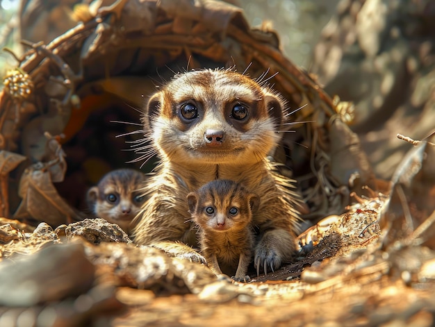 Une famille de mercats se blottit dans un environnement naturel chaud et regarde avec curiosité