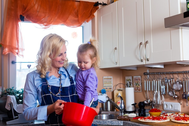 Famille - mère et enfant préparant une pizza