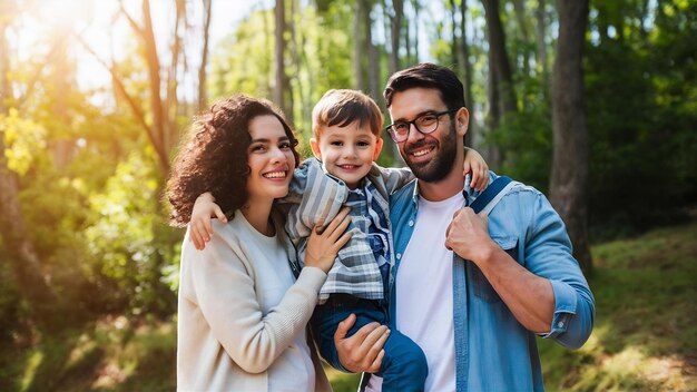 Photo famille mère et père avec enfant pour les vacances et être heureux ensemble portrait en plein air