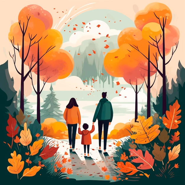 famille avec mère père et fille s'amuser dans un style d'illustration vectorielle plat forêt d'automne