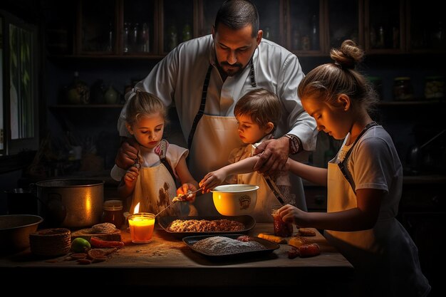 Une famille mexicaine cuisinant ensemble dans une cuisine animée