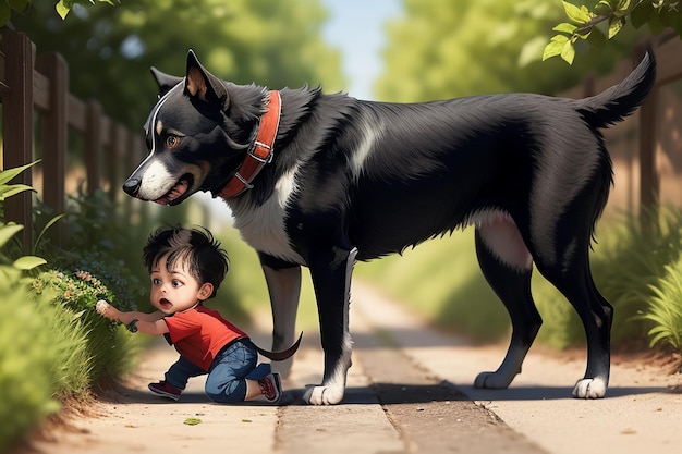 Famille mignon chien de compagnie et propriétaire garçon s'amusant ensemble fond d'écran illustration