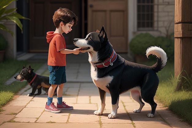 Famille mignon chien de compagnie et propriétaire garçon s'amusant ensemble fond d'écran illustration