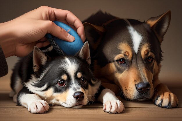 Famille mignon chien de compagnie et propriétaire garçon s'amusant ensemble fond d'écran illustration