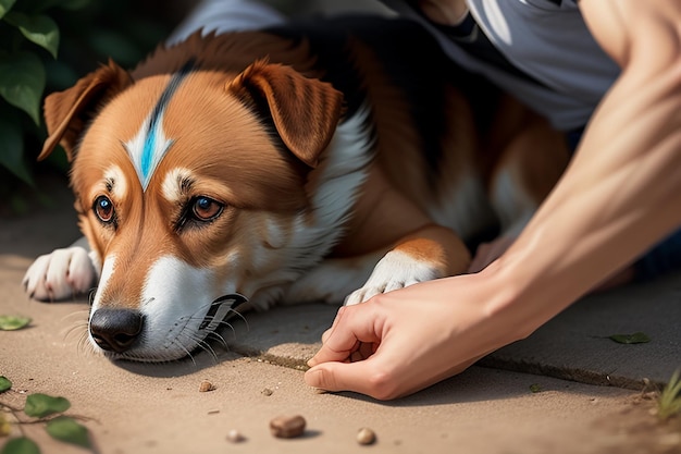 Famille mignon chien de compagnie et propriétaire garçon s'amusant ensemble fond d'écran illustration