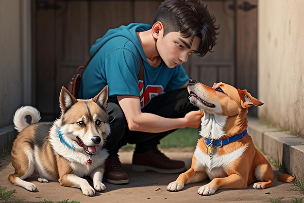 Famille mignon chien de compagnie et propriétaire garçon s'amusant ensemble fond d'écran illustration