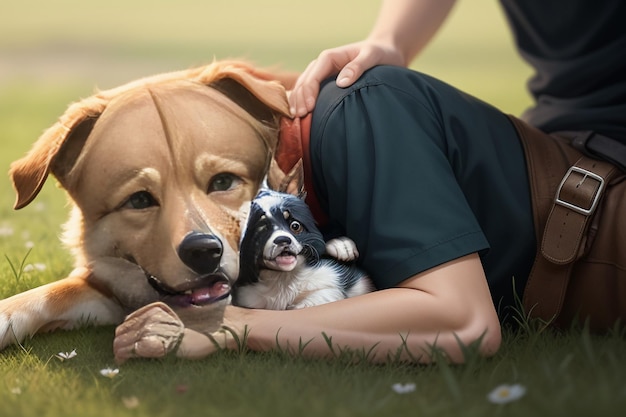 Famille mignon chien de compagnie et propriétaire garçon s'amusant ensemble fond d'écran illustration