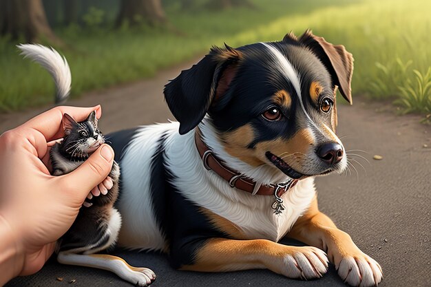 Famille mignon chien de compagnie et propriétaire garçon s'amusant ensemble fond d'écran illustration