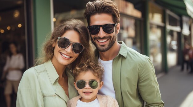 Une famille de mode en vogue heureuse avec des vêtements lumineux de couleur claire dans la rue