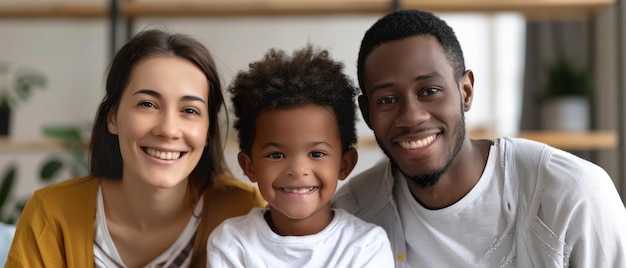 Photo famille multiculturelle avec un enfant d'âge préscolaire garçon biracial à la maison souriant parents internationaux et race mixte ethnique jeune fils regardez la caméra en train de profiter du temps ensemble