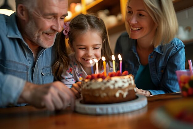 Une famille multigénérationnelle célèbre l'anniversaire de sa petite-fille à la maison avec un gâteau.