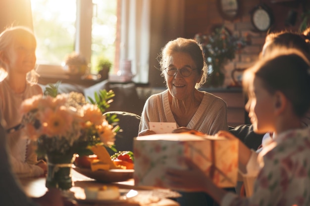 Une famille multigénérationnelle profitant d'un moment ensoleillé de rire avec des tulipes un jour de printemps animé