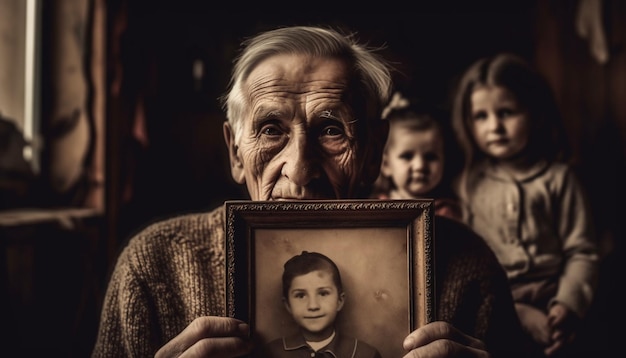 Famille multigénérationnelle tenant un livre à l'ancienne souriant pour une photographie sépia générée par l'IA