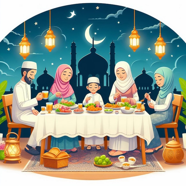 Famille musulmane ayant Iftar ensemble au mois de Ramadan