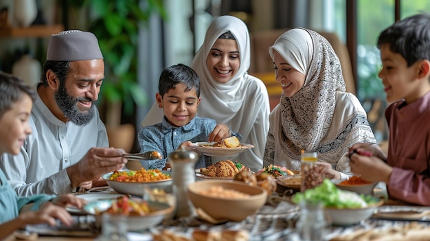 Une famille musulmane dîne ensemble à la maison pendant le ramadan Kareem