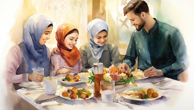 famille musulmane fête joyeuse Eid al Adha style aquarelle