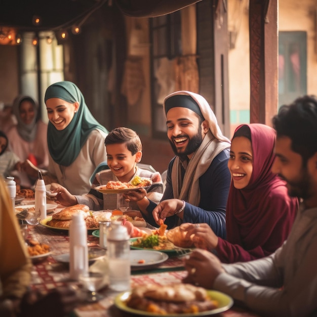 Une famille musulmane indienne déjeune ou dîne ensemble à la maison.