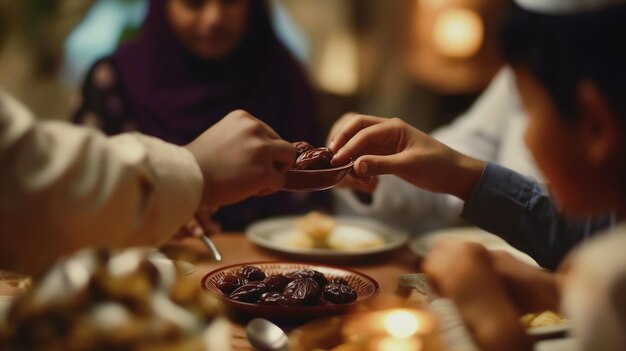 Une famille musulmane partageant des dates pendant le souper du ramadan