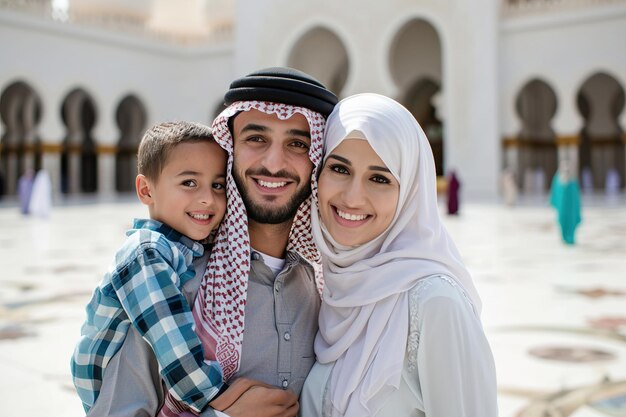 Famille musulmane souriant à la caméra devant la mosquée