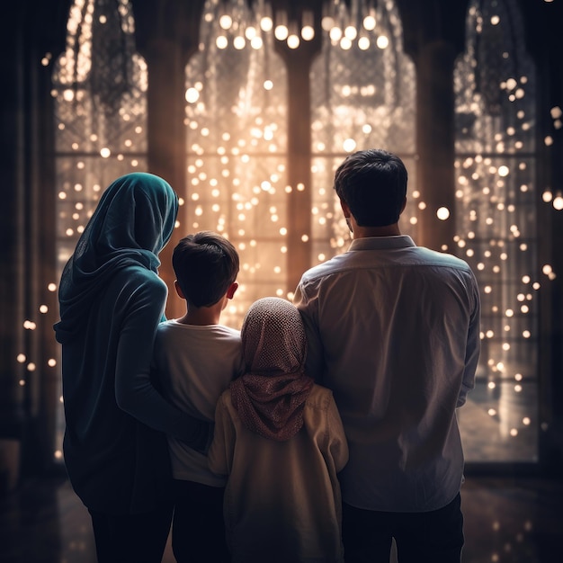 Famille musulmane vue mosquée famille musulmane eid salutations vue arrière Jumma Mubarak