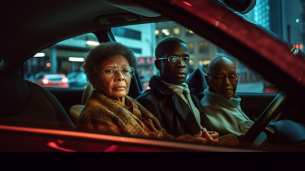 Famille noire ai générative voyageant en voiture