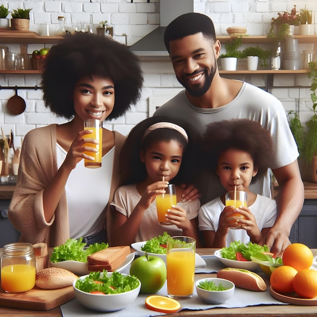 Une famille noire déjeune en buvant du jus d'orange frais dans la cuisine.