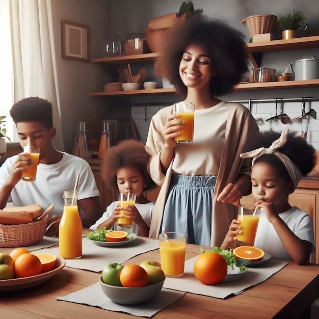 Une famille noire déjeune en buvant du jus d'orange frais dans la cuisine.