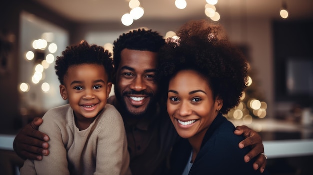 Photo une famille noire heureuse sur un fond flou du salon.