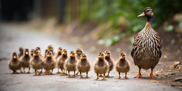 Famille d'oiseaux de canard drôle marche rue générative ai