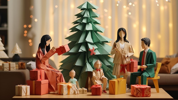Famille organisant une fête de Noël avec un arbre de Noël et des cadeaux de style Origami