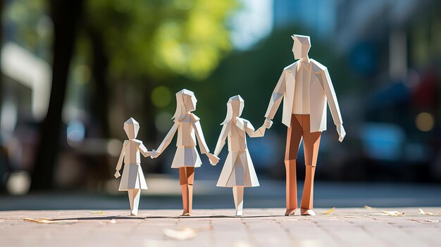 Une famille d'origami marchant dans la rue