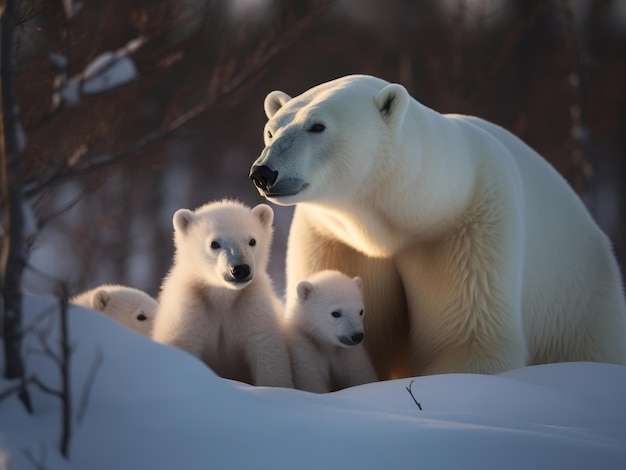 Une famille d'ours polaires dans la neige avec leurs petits.