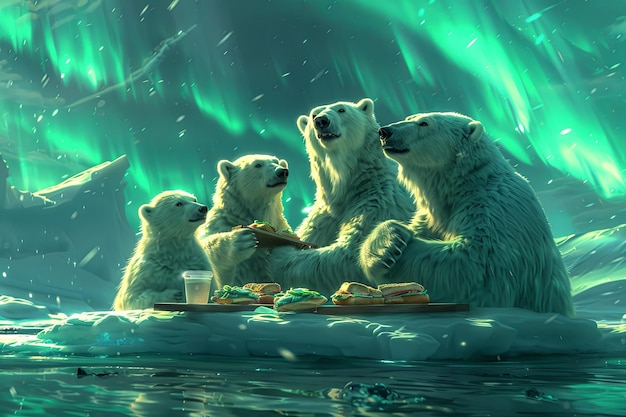 Une famille d'ours polaires fait un pique-nique sur un iceberg, se nourrit de sandwichs au poisson et de crème glacée tout en admirant les aurores boréales.