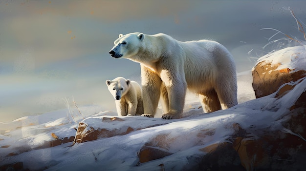 Une famille d'ours polaires sauvages dans le pays des merveilles hivernales de l'Arctique canadien capture la majesté de la nature