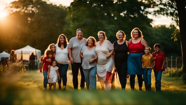 Famille ouverte mixte moderne et contemporaine profitant du plein air en moyenne saison au coucher du soleil