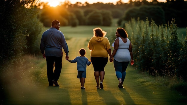 Famille ouverte mixte moderne et contemporaine profitant du plein air en moyenne saison au coucher du soleil