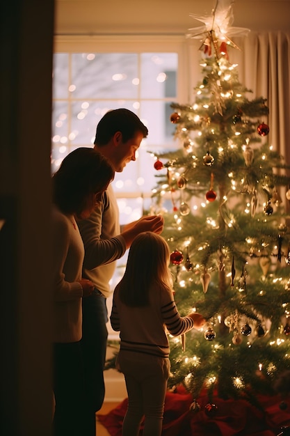 Une famille partage un moment chaleureux en décorant son sapin de Noël