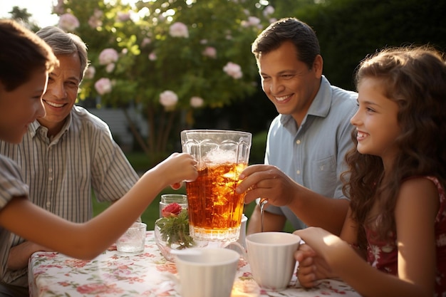 Une famille partageant un pot de thé glacé lors d'un barbecue dans l'arrière-cour