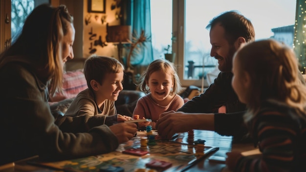 Une famille partageant des sourires et des rires en jouant à un jeu de société à la maison AIG41