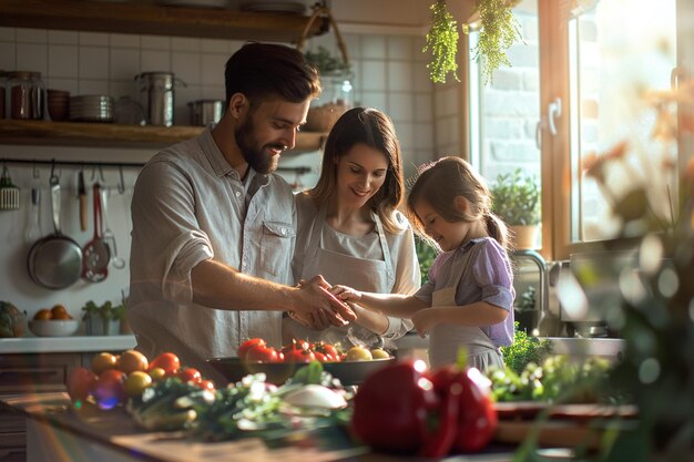 Une famille participant à un chal de cuisine pour la fête des mères