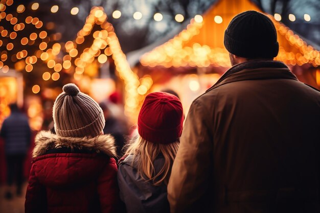 Une famille passe du temps au marché traditionnel de Noël le soir d'hiver.