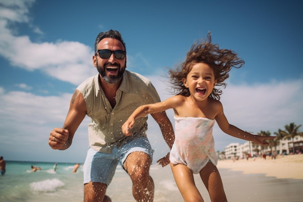 famille père et fille s'amusant ensemble pendant les vacances en famille à la plage